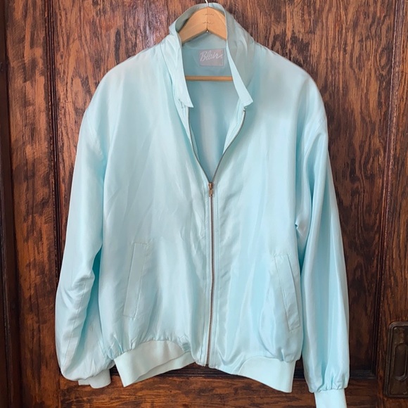 Blair Vintage 100% Silk Light Turquoise Zipper Jacket Size Large - Picture 4 of 7